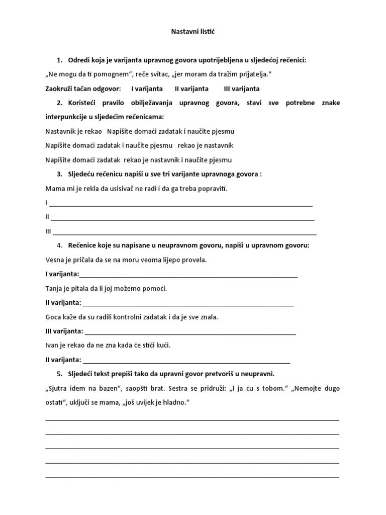 Nastavni Listić Upravni Neupravni Govor | PDF