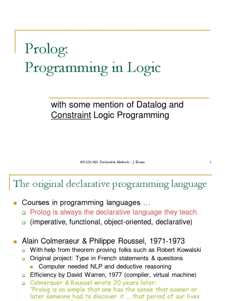 Prolog: Programming In Logic: With Some Mention Of Datalog And ...