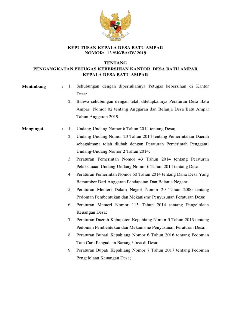 Peraturan desa prayungan nomor 07 tahun 2020 anggaran pendapatan dan belanja desa tahun anggaran 2021; Sk Petugas Kebersihan Pdf