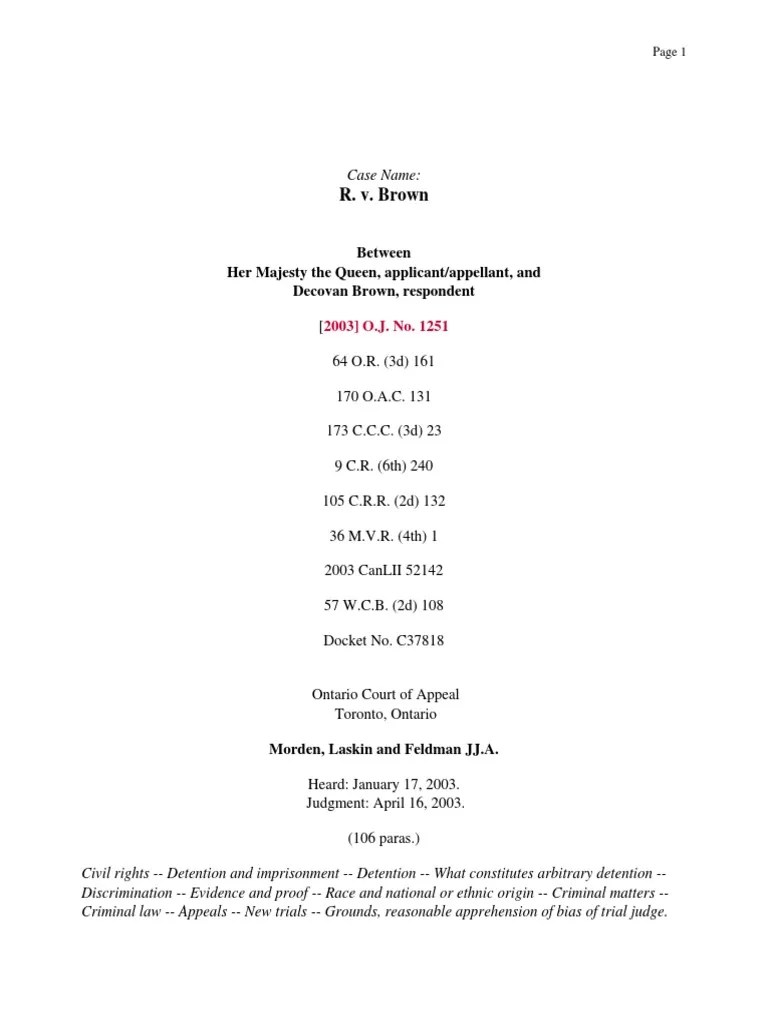 R. V. Brown: Between Her Majesty The Queen, Applicant/appellant, And ...