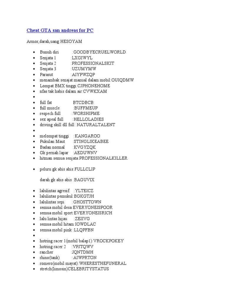 Cheat gta san andreas indonesia. Cheat Gta San Andreas For Pc Pdf