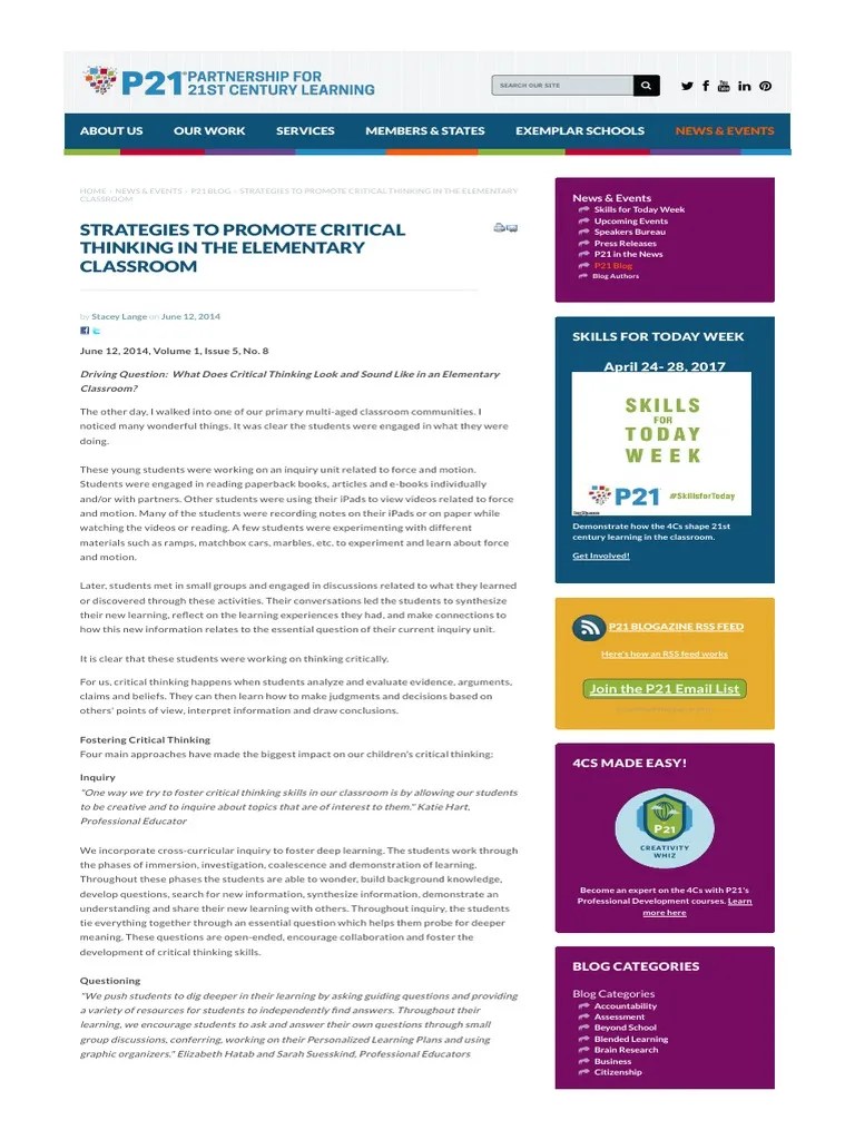 Strategies To Promote Critical Thinking In The Elementary Classroom ...