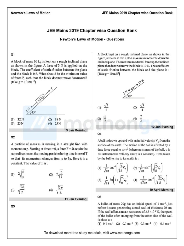 JEE Mains 2019 Chapter Wise Question Bank: Newton's Laws Of Motion ...