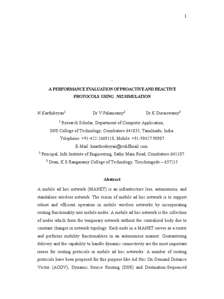 A Performance Evaluation Of Proactive And Reactive Protocols Using NS2 ...