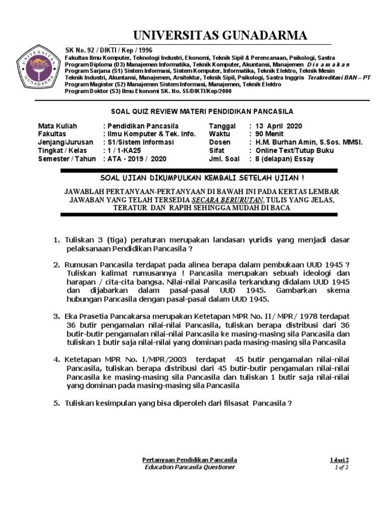 Soal Quiz Review Materi Pendidikan Pancasila Kelas-1ka25 | PDF