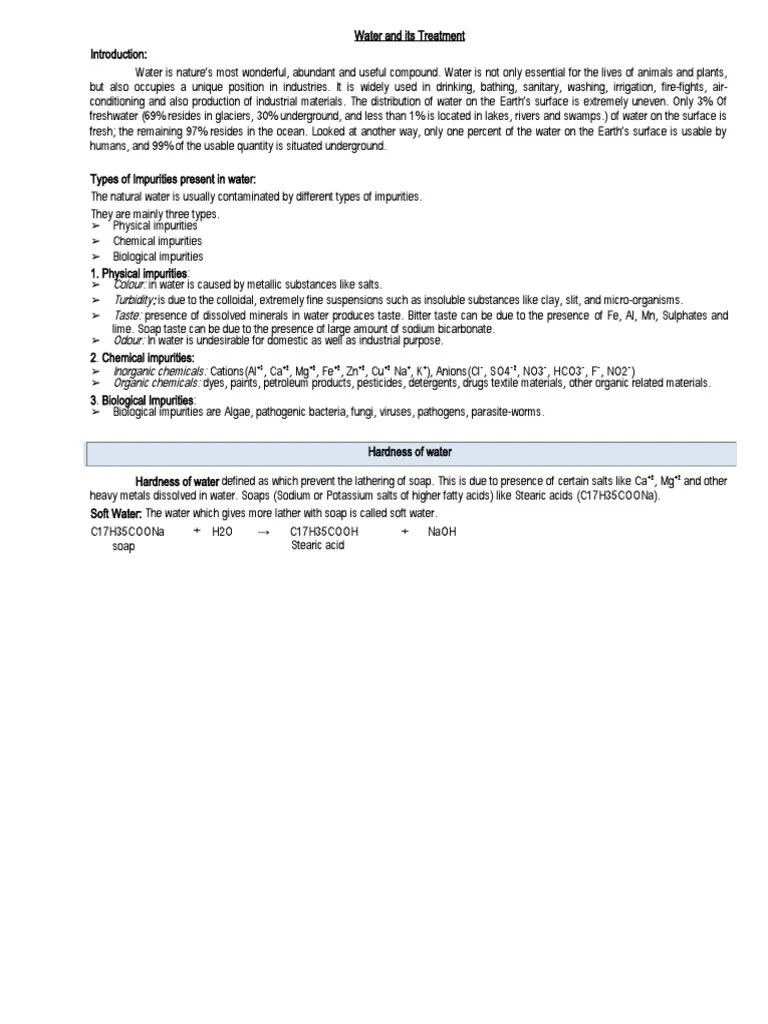 Water And Its Treatment Lecture Notes | PDF | Oxygen | Water