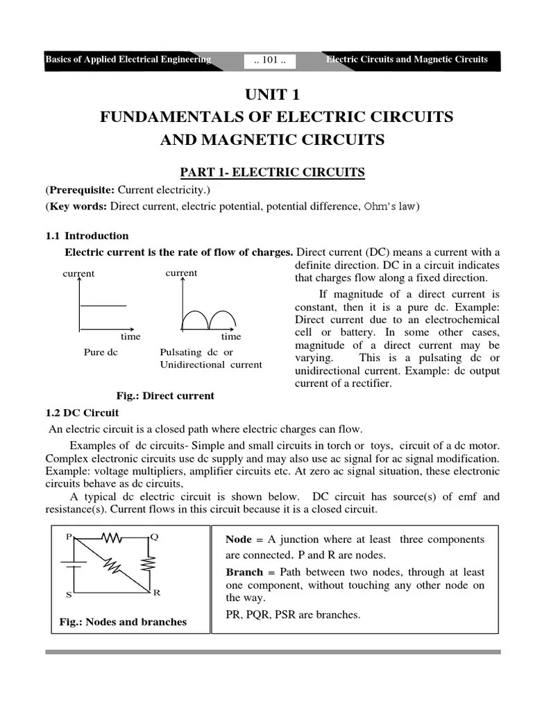 Bee Unit 1 Funda Of Dc Circuits And Magnetic Circuits Notes Pdf
