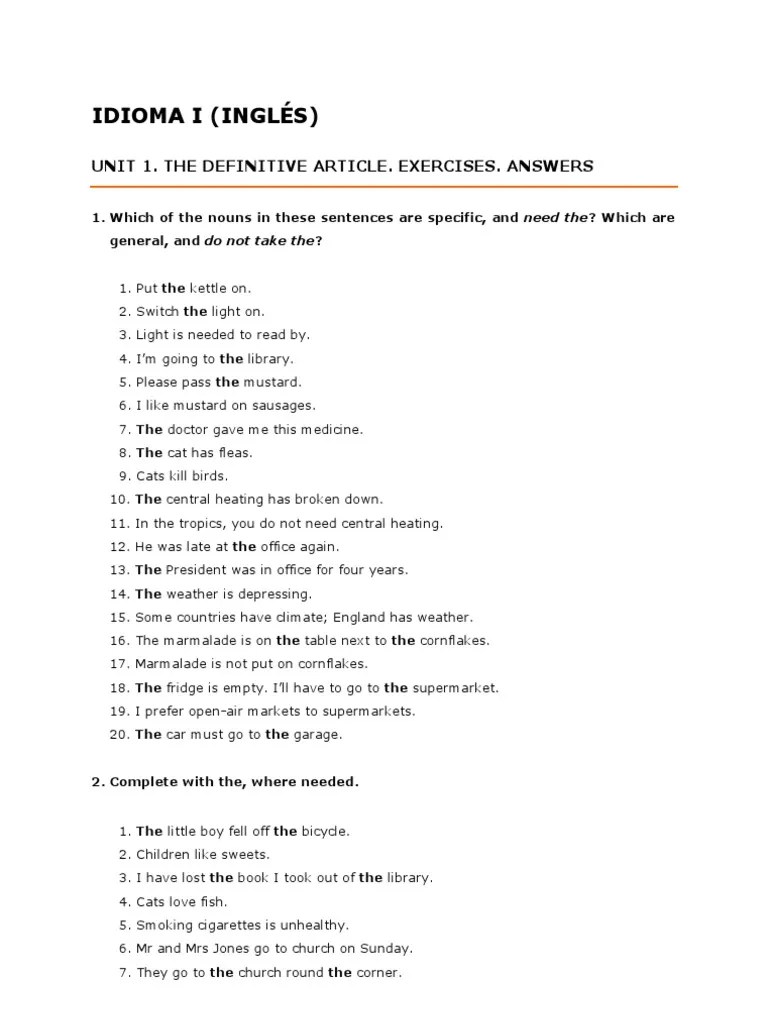 Definite And Indefinite Articles Exercises Pdf