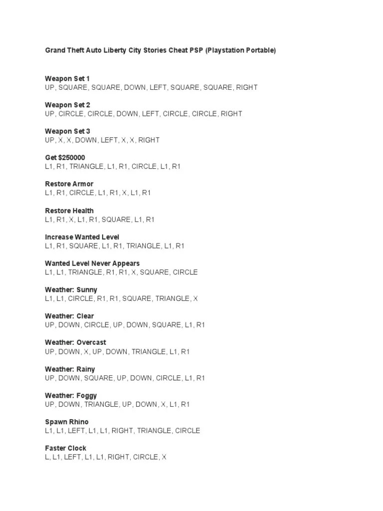 GTA Liberty City Stories PSP Cheats PDF Vehicles Transport 1
