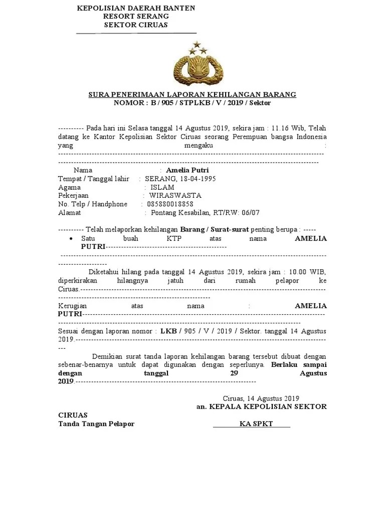 Contoh Surat Kehilangan Polisi ORI | PDF
