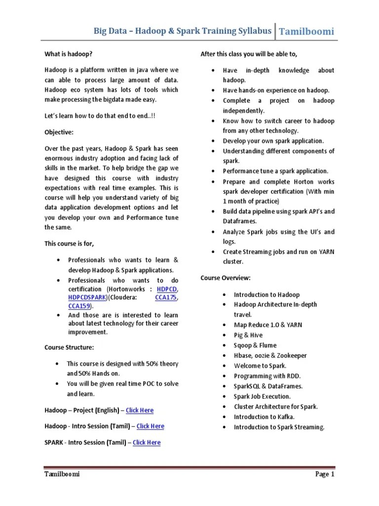 Big Data - Hadoop & Spark Training Syllabus: Tamilboomi | PDF | Apache ...
