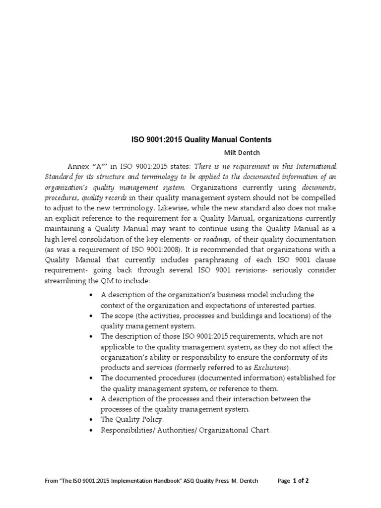 ISO 9001:2015 Quality Manual Contents | PDF | Iso 9000 | Quality Management
