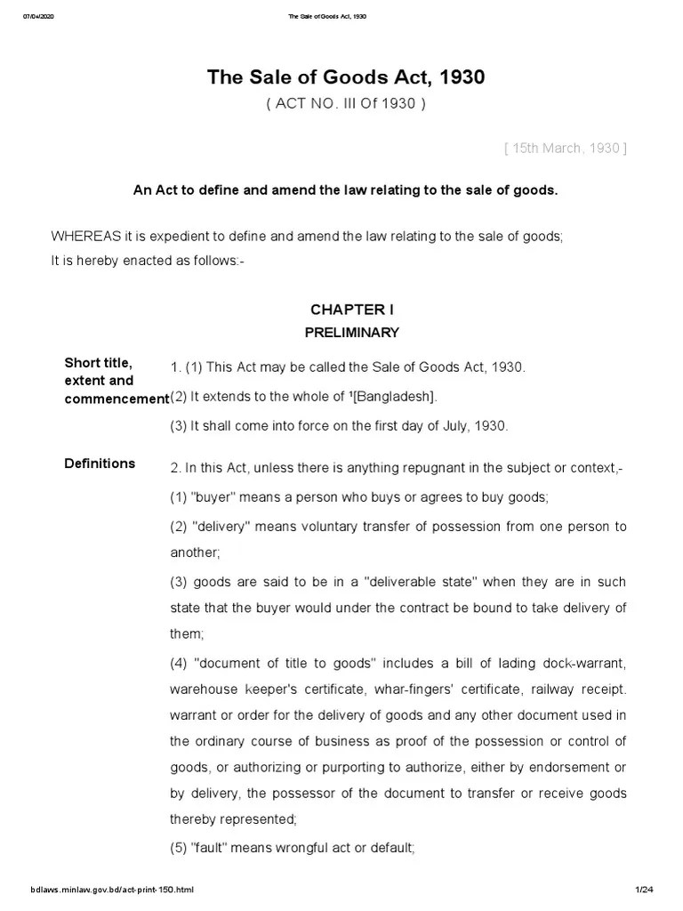 Sale Of Goods Act, 1930 | PDF | Breach Of Contract | Implied Warranty
