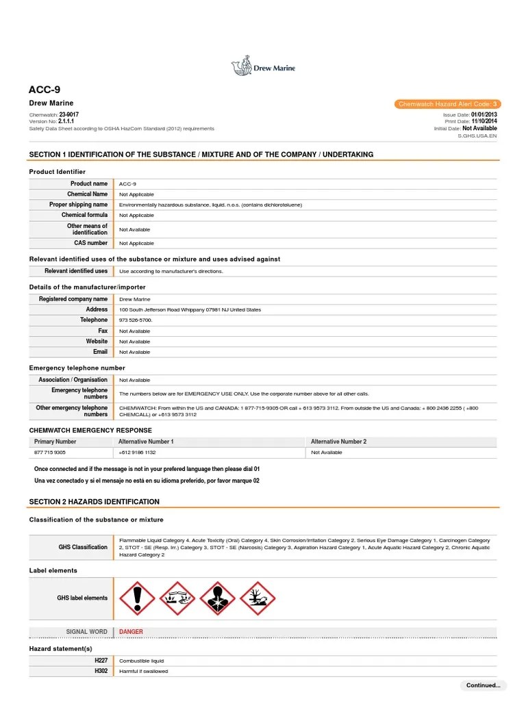 Acc-9 MSDS | PDF | Chemical Reactions | Chemistry