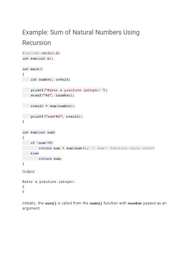 Example: Sum Of Natural Numbers Using Recursion | PDF