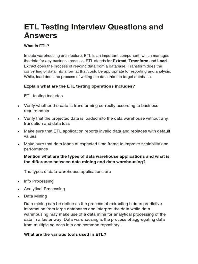 ETL Testing Interview Questions And Answers PDF | PDF | Data Warehouse ...