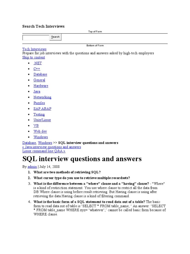 SQL Interview Questions And Answers: Search Tech Interviews | PDF ...