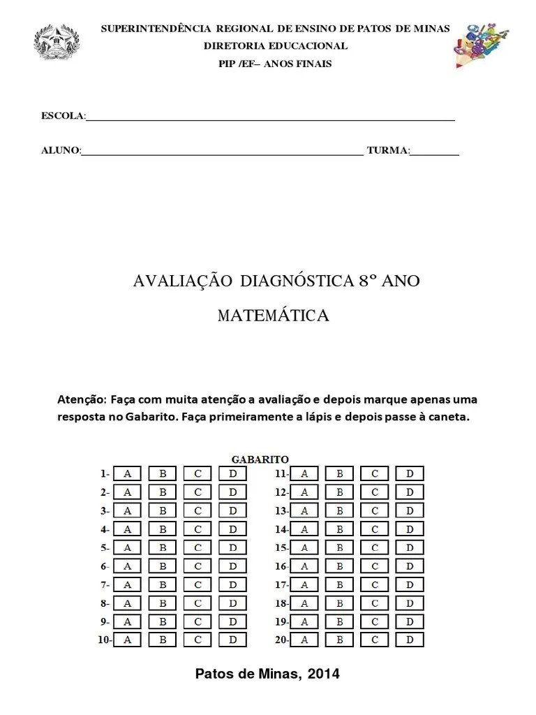 Matemática - Diagnóstica - 8º Ano PDF | PDF | Triângulo | Raiz Quadrada