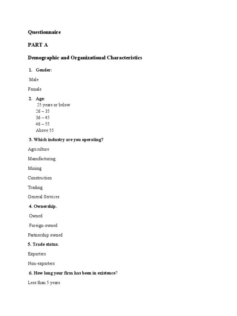 Questionnaire Part A Demographic And Organizational Characteristics ...