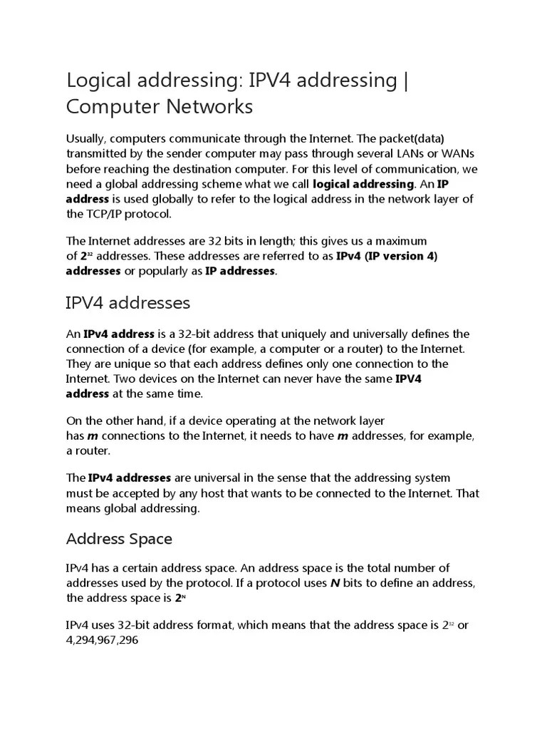 Logical Addressing: IPV4 Addressing - Computer Networks | PDF | Ip ...