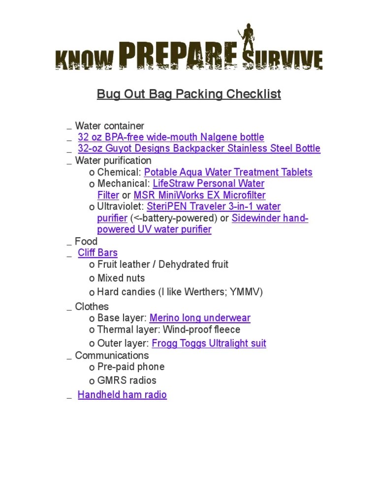 Bug Out Bag Packing Checklist | PDF