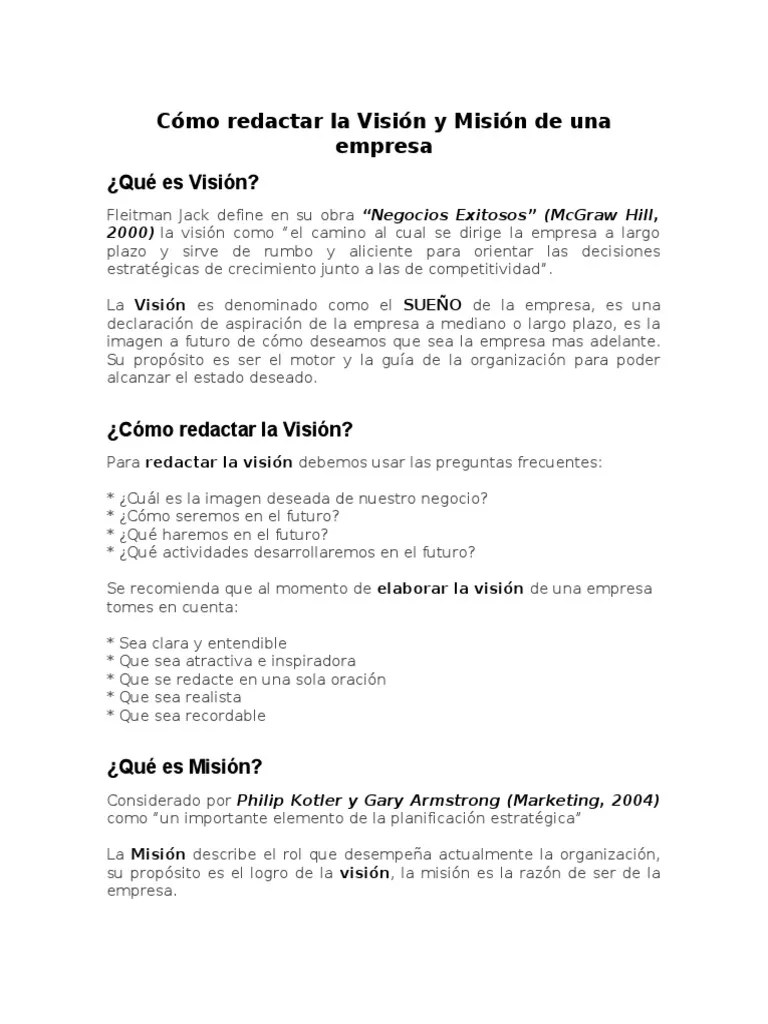 Cómo Redactar La Visión Y Misión De Una Empresa | PDF | Planificación Estratégica | Business