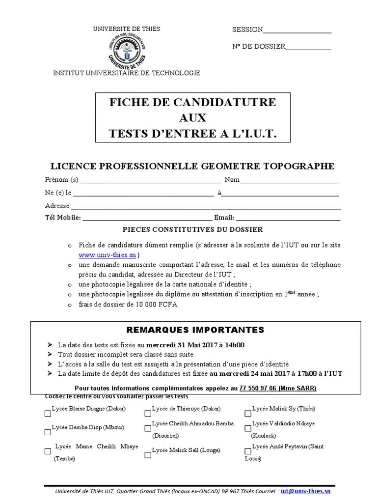Fiche de Candidature Tests LPGT 2017 Amende | PDF | Sénégal
