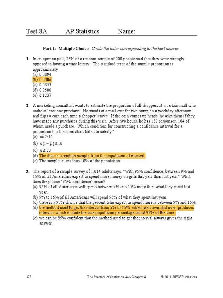 Test 8A AP Statistics Name:: Circle The Letter Corresponding To The ...