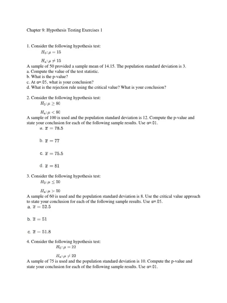 Chapter 9 Hypothesis Testing Exercises 1 | P Value | Hypothesis
