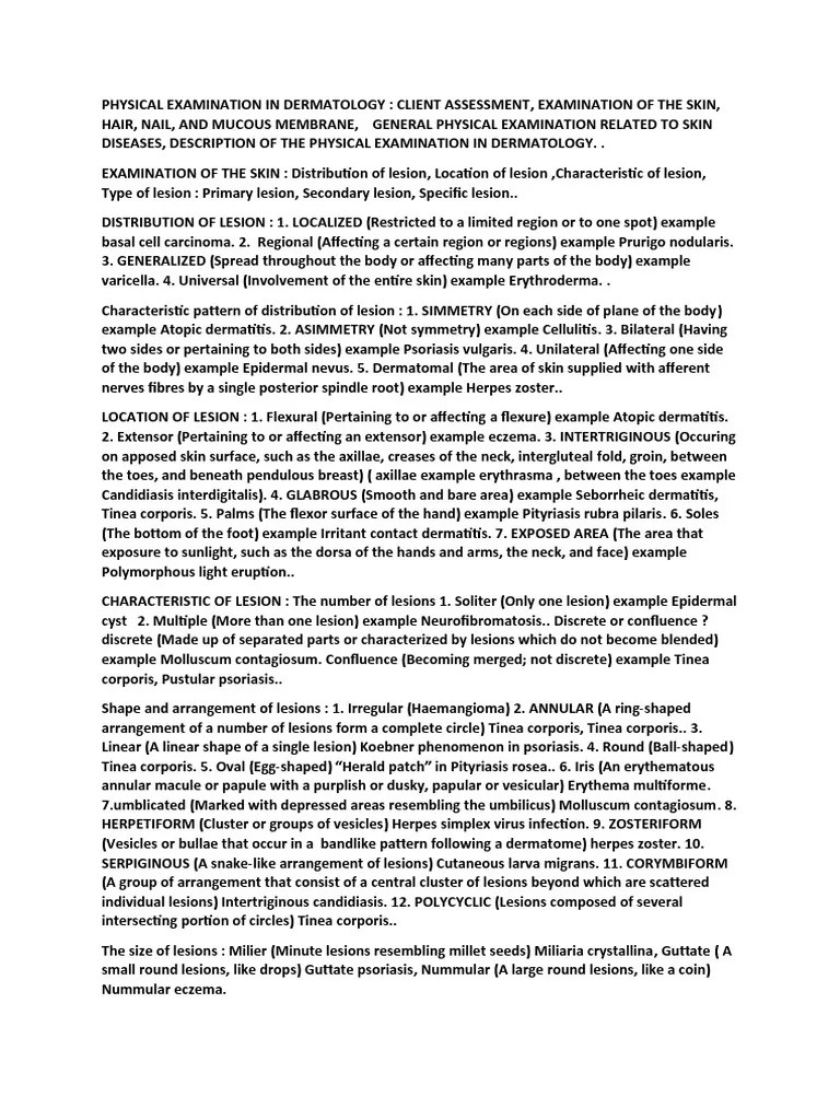 Physical Examination In Dermatology | PDF | Dermatitis | Skin