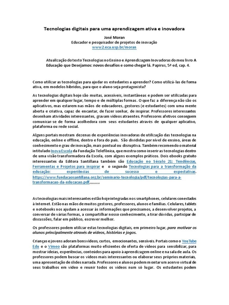 Tecnologias Digitais Para Uma Aprendizagem Ativa E Inovadora PDF | PDF | Aprendizado | Internet