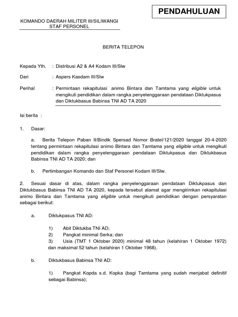 Pendahuluan Permintaan Rekapitulasi Diktukpasus Dan Diktukbasus Babinsa ...