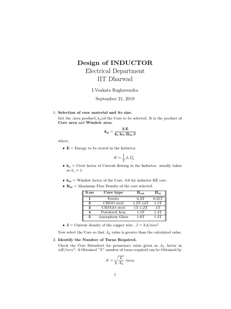 Design Of INDUCTOR Electrical Department IIT Dharwad: I.Venkata ...