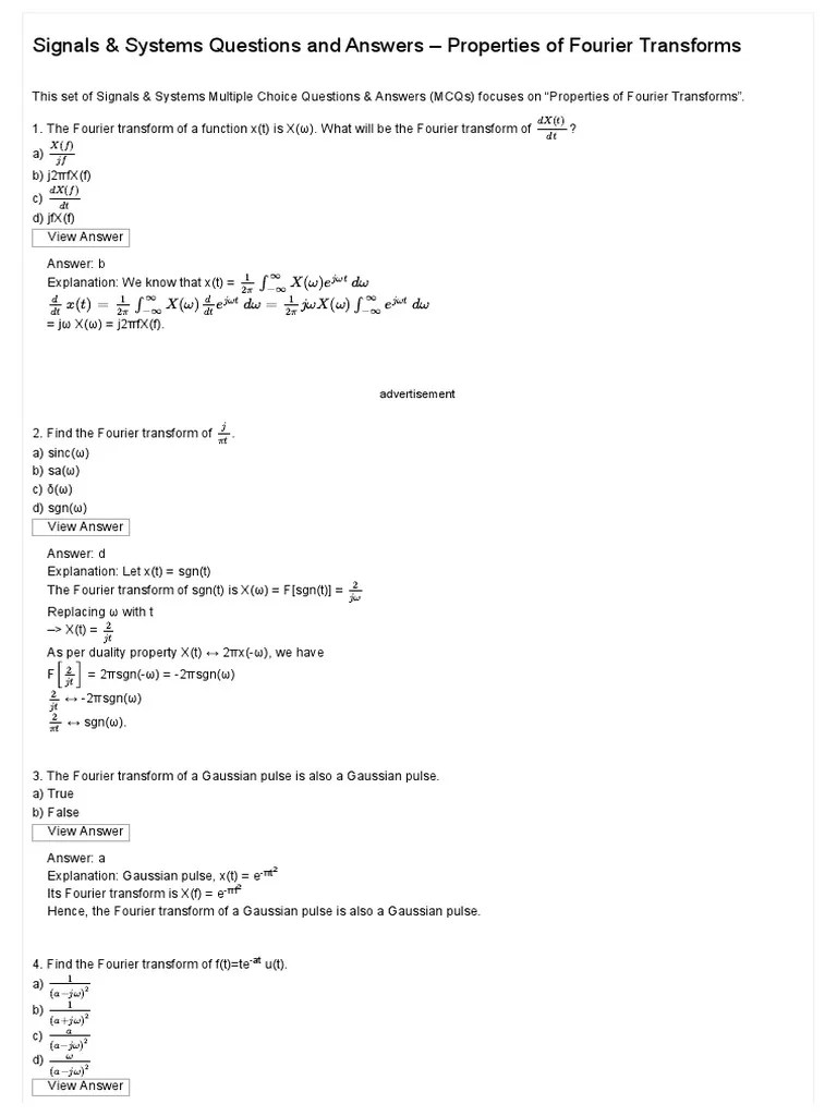 Unit 3 Fourier Transforms Properties Questions And Answers - Sanfoundry ...
