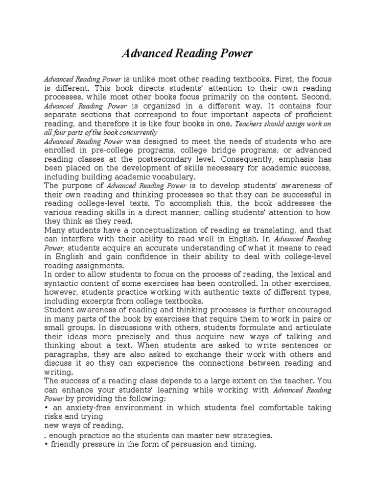 Advanced Reading Power | PDF | Reading Comprehension | Critical Thinking