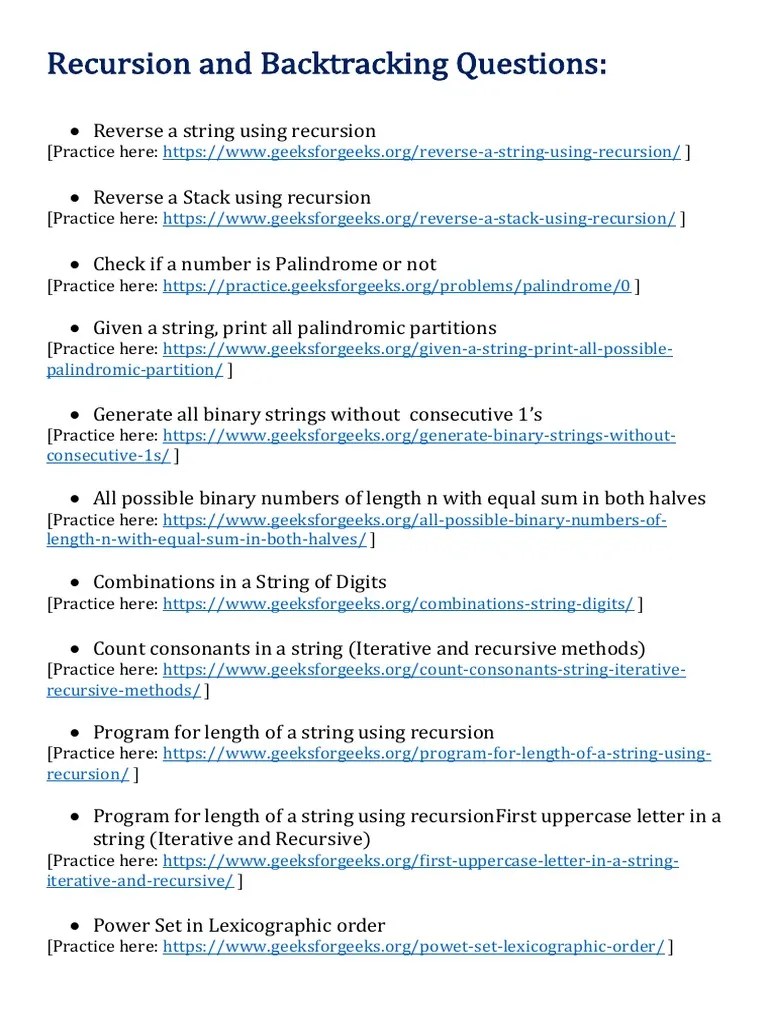 Recursion And Backtracking Questions:: (Practice Here:) | PDF | String ...