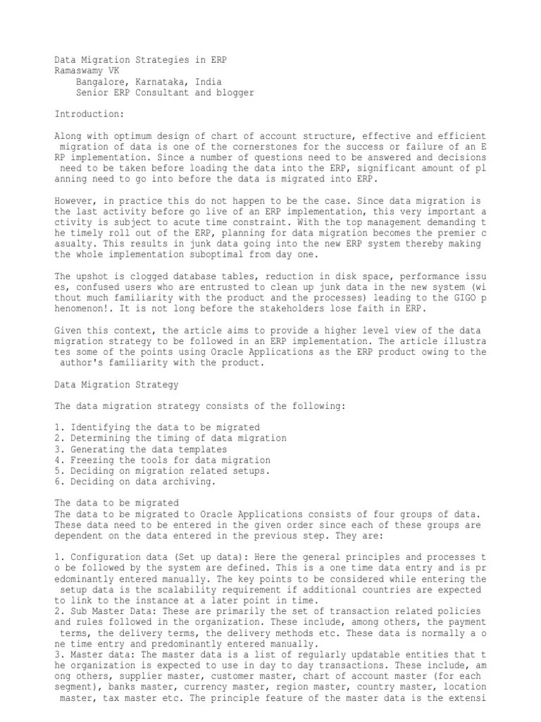 Data Migration Strategies In ERP | PDF | Oracle Database | Databases