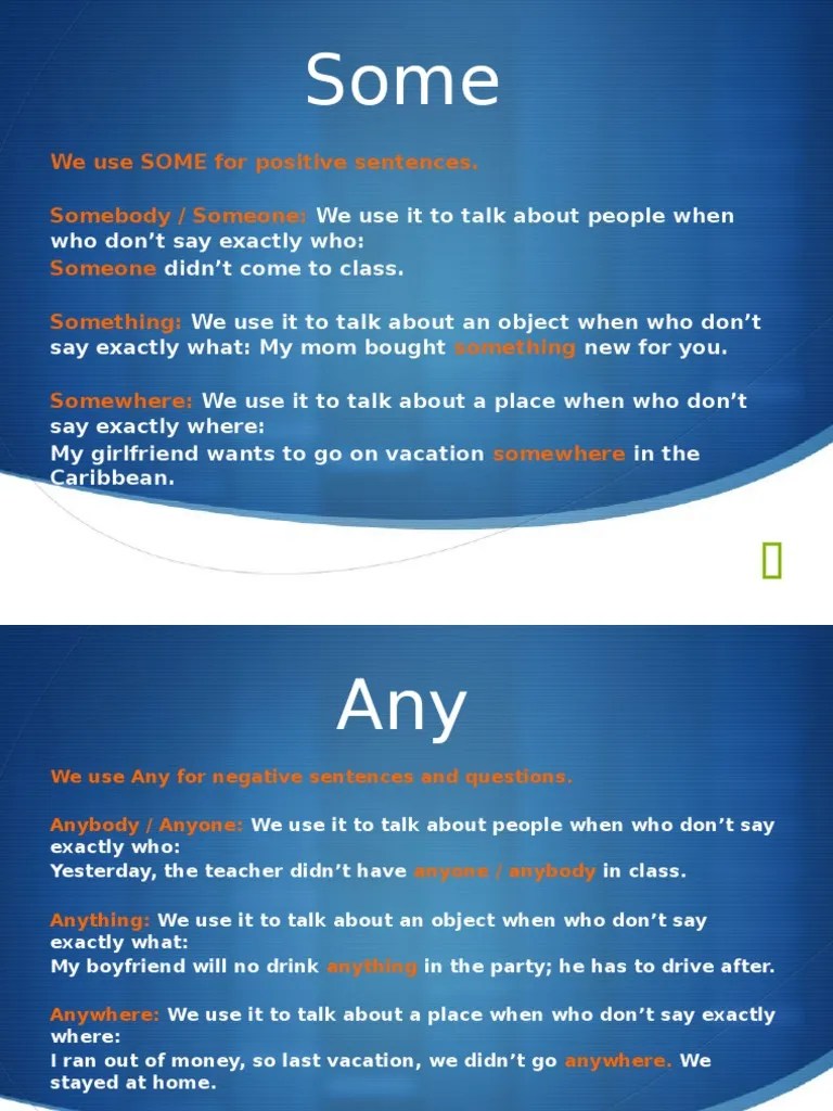 We use some for positive sentences. somebody / someone: someone