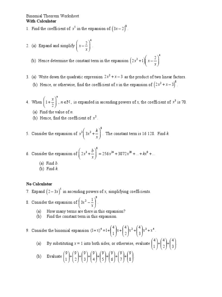 Binomial Theorem Worksheet Longer 2016 17 1 PDF | PDF | Teaching Mathematics | Mathematical Analysis