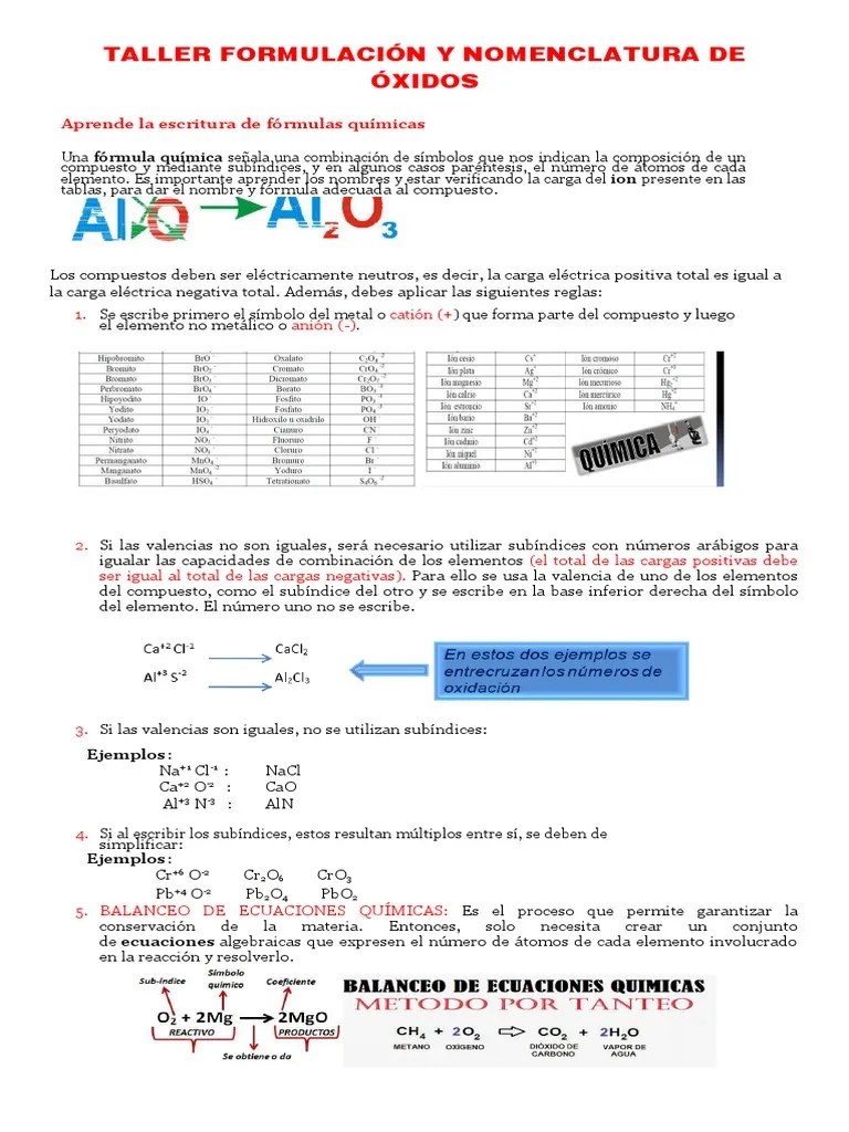 Taller Formulación Y Nomenclatura De Óxidos 10 | PDF | Compuestos Químicos | Rieles