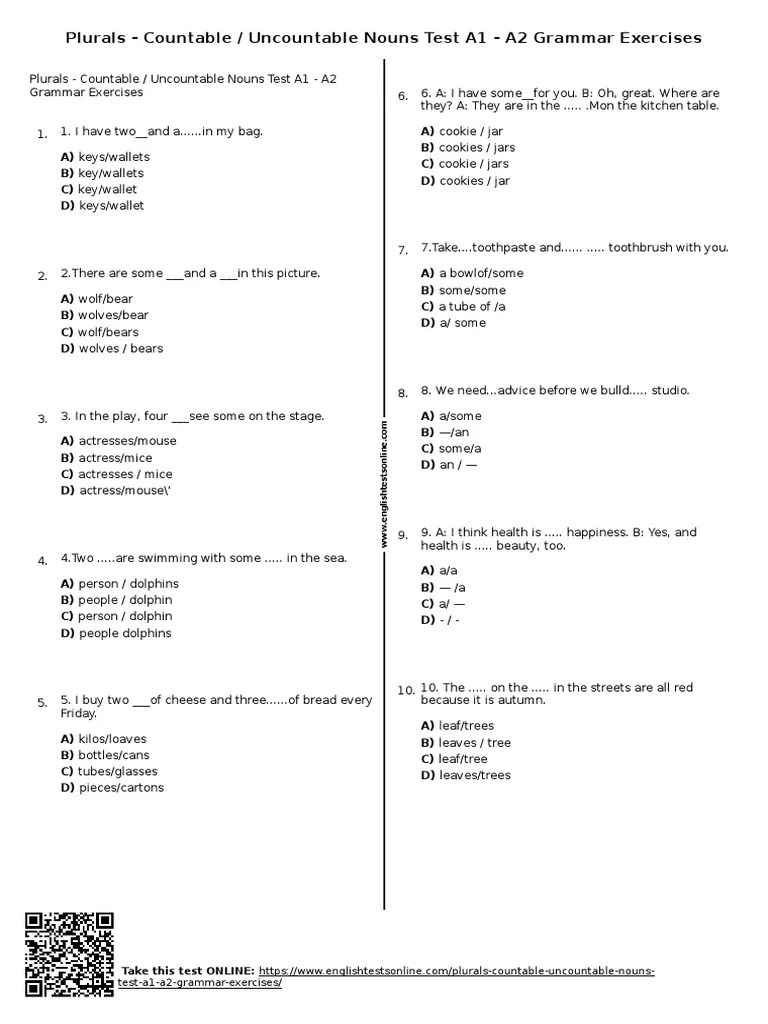 Plurals - Countable / Uncountable Nouns Test A1 - A2 Grammar Exercises ...