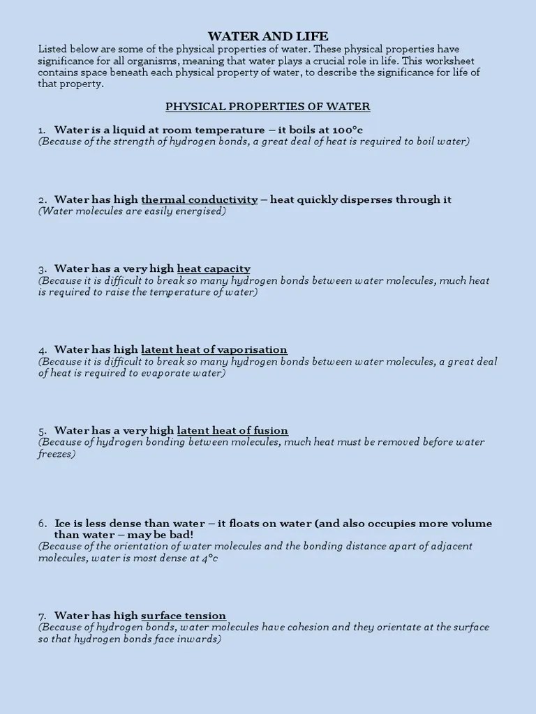 A) h2o molecules form hydrogen bonds with each other. Water Worksheet Pdf Properties Of Water Chemical Bond