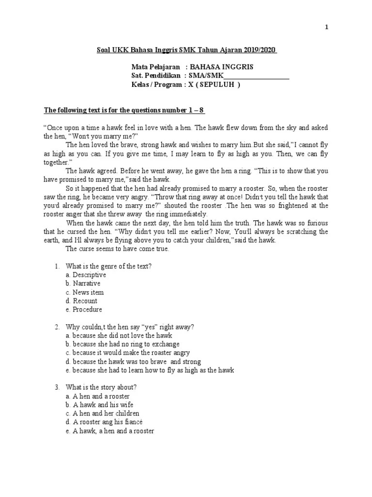Narrative text adalah pelajaran yang cukup sering kita jumpai di smp maupun di sma. Soal Ukk Bahasa Inggris Sma Smk Kelas X