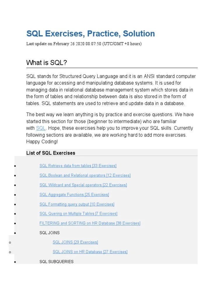 SQL Exercises, Practice, Solution | PDF | Sql | Relational Database