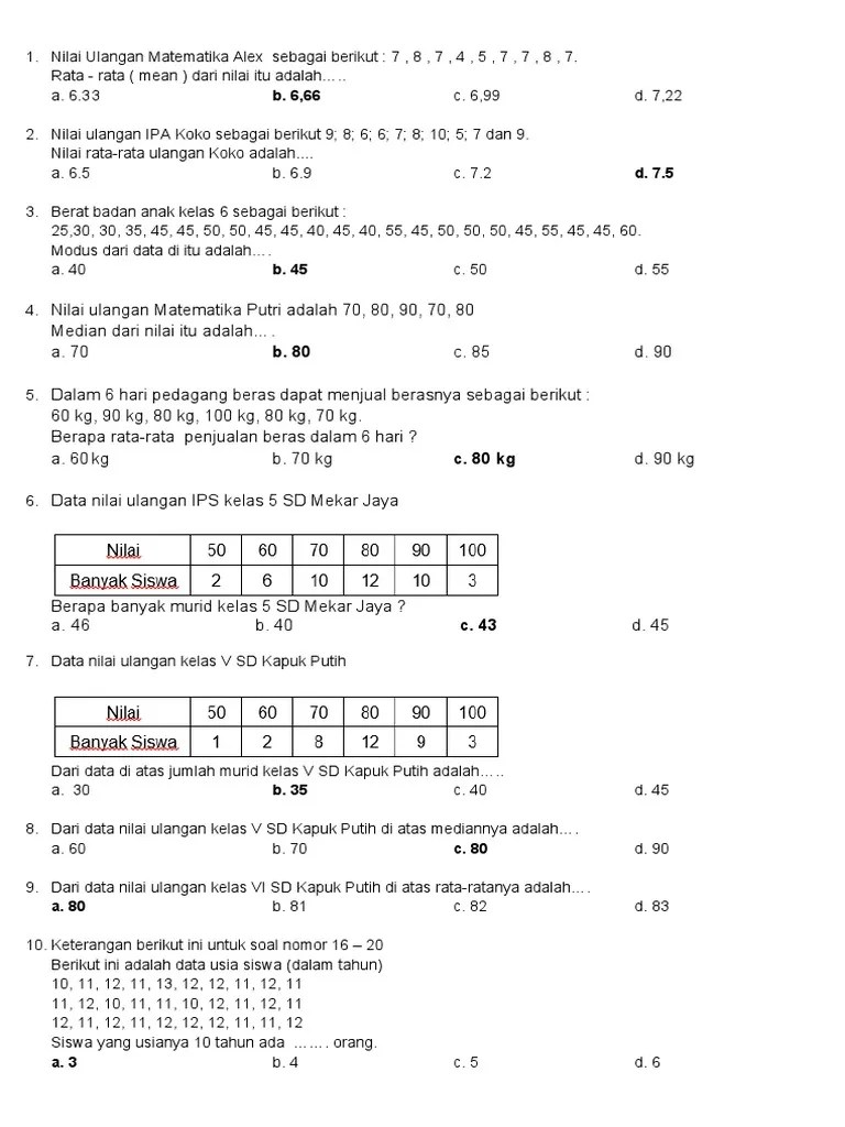 Perhatikan data berikut ini untuk mengerjakan soal pada nomor 1,2,3! Ulangan Matematika Mean Median Modus Dan Data Pdf