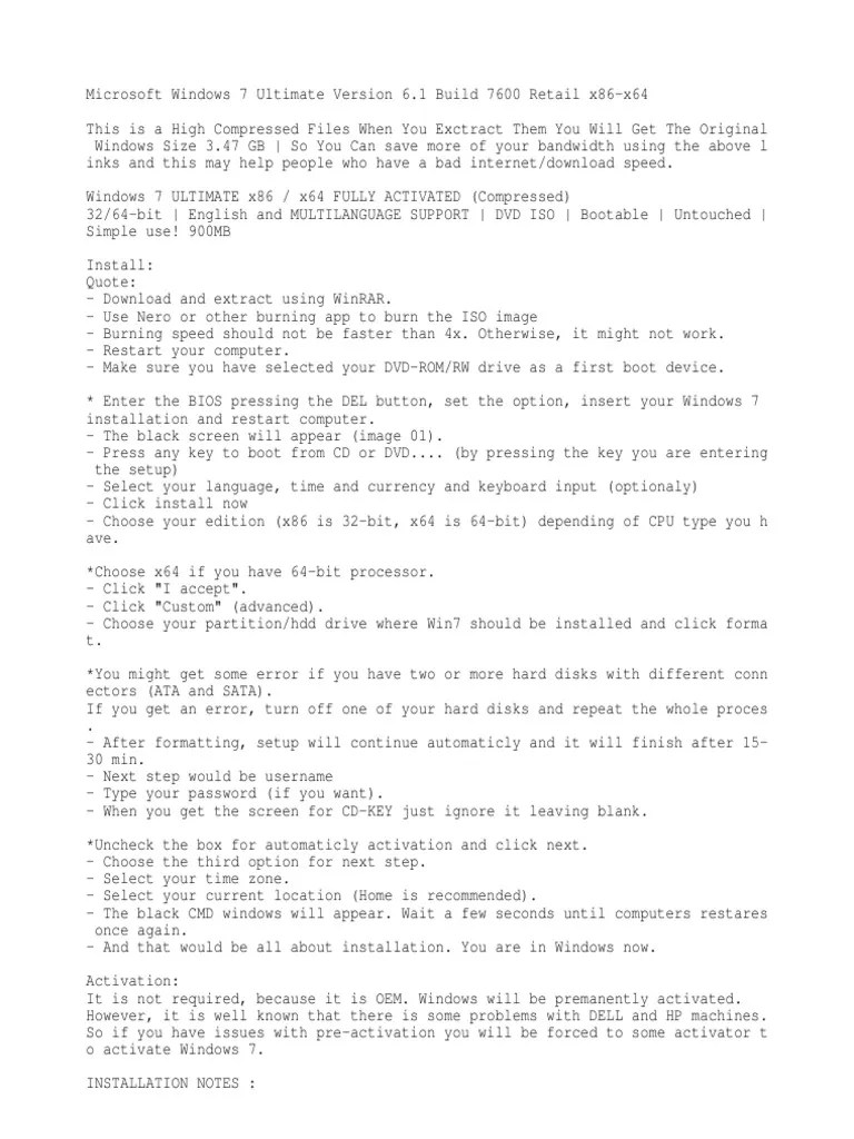 Readme - Windows 7 Ultimate X86 - X64 Fully Activated (Super Compressed) | PDF | Windows 7 | Booting