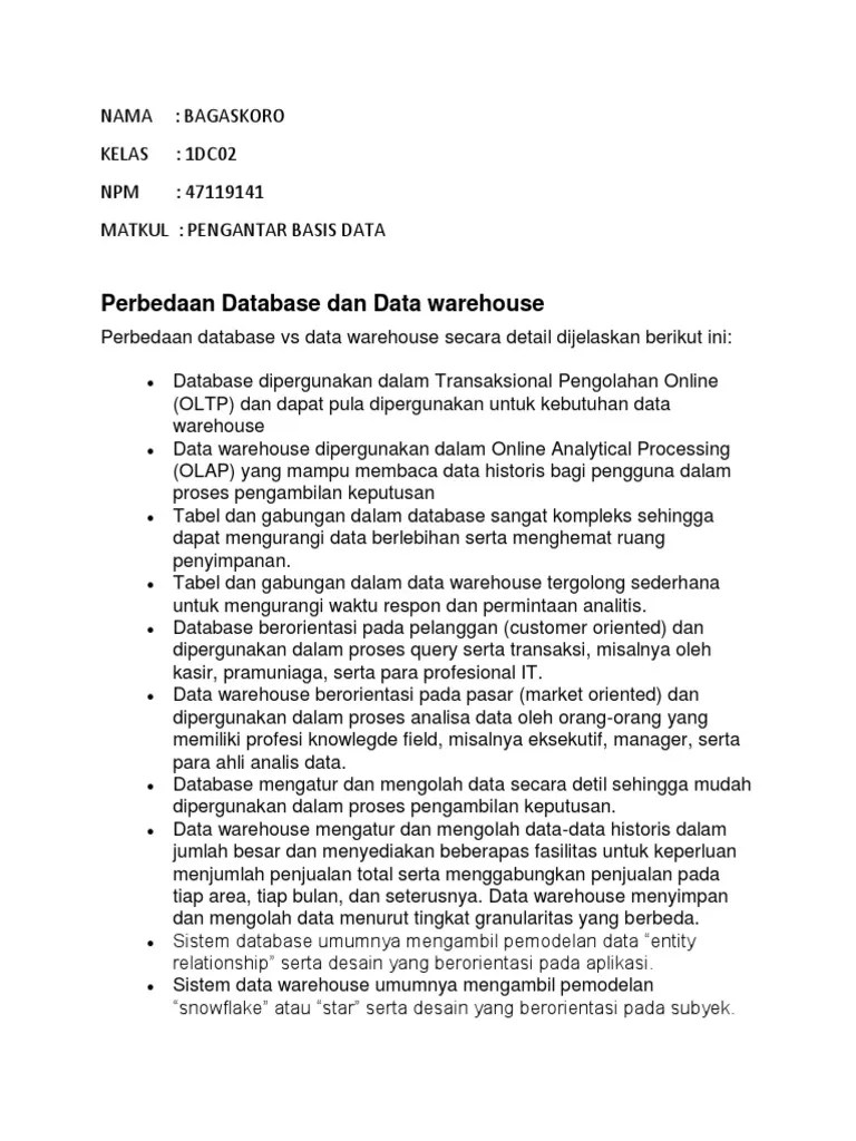 Perbedaan Database Dengan Data Warehouse | PDF