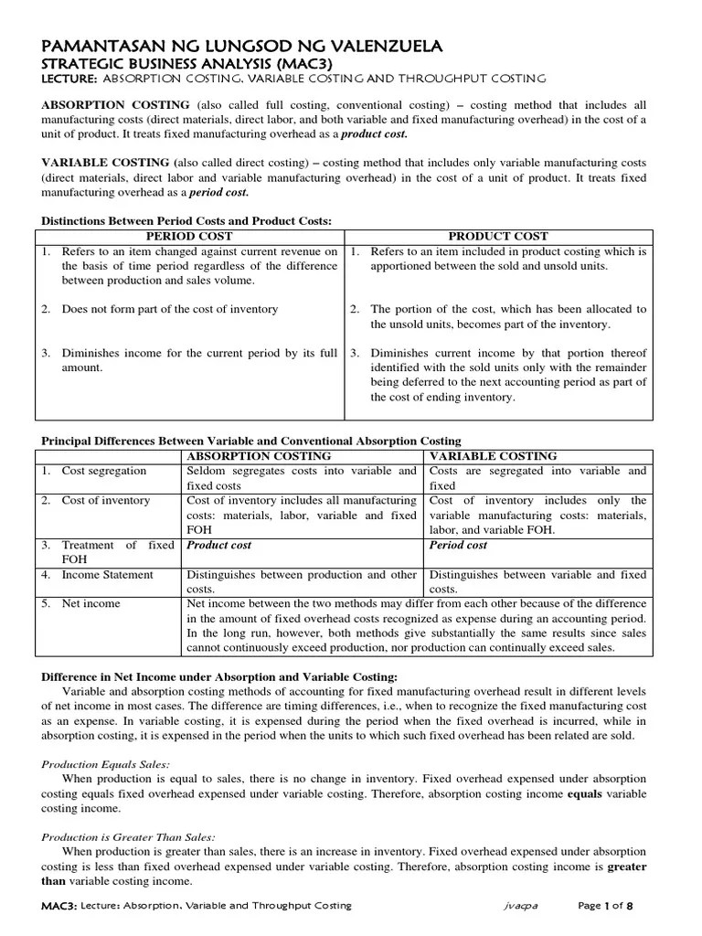 MAS Lecture Variable Costing | PDF | Cost Of Goods Sold | Inventory