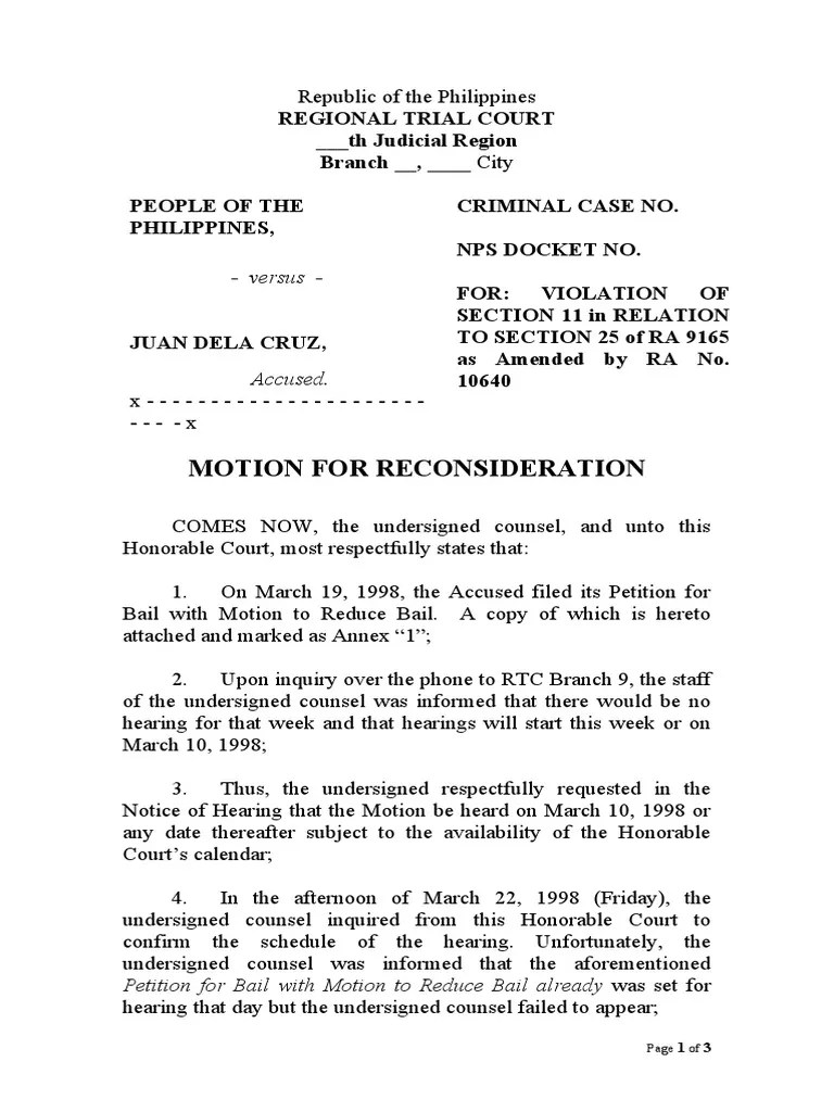Motion For Reconsideration - Absence Hearing - Sample | PDF | Bail ...