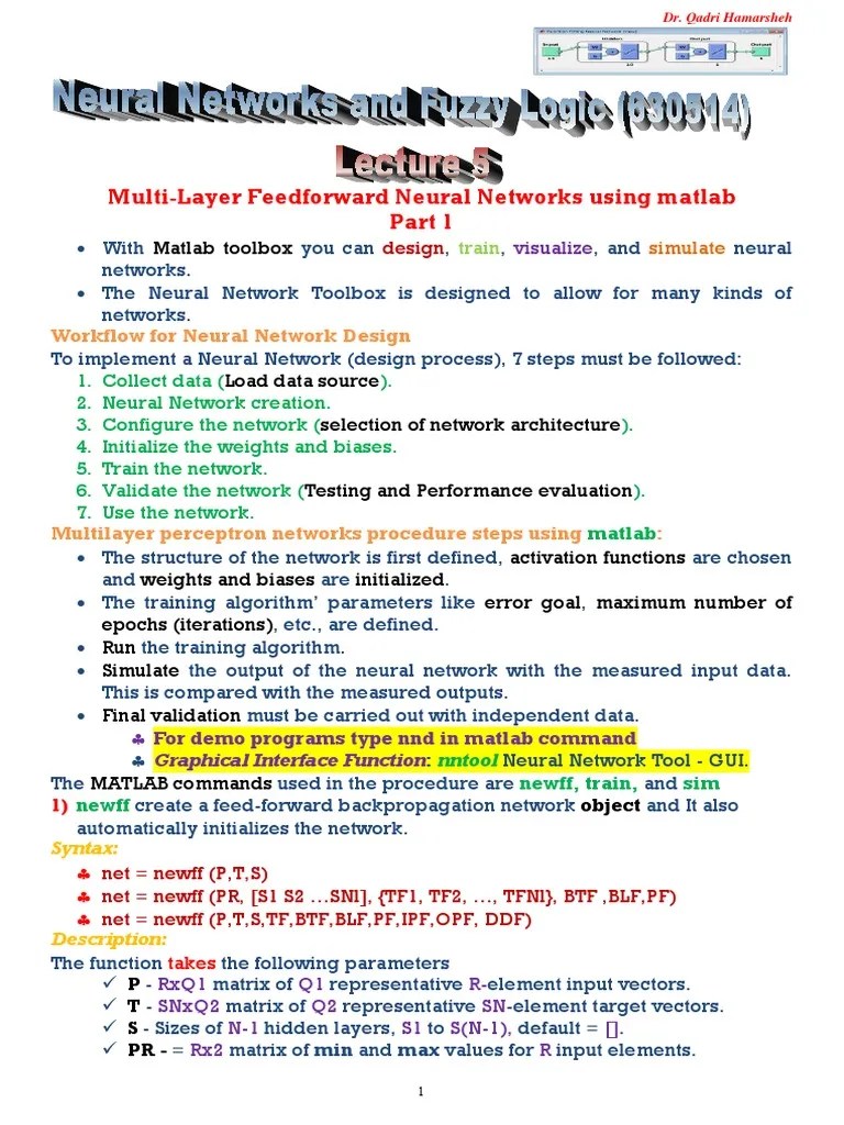 Lecture 5 - Multi-Layer Feedforward Neural Networks Using Matlab Part 1 | PDF | Mean Squared ...